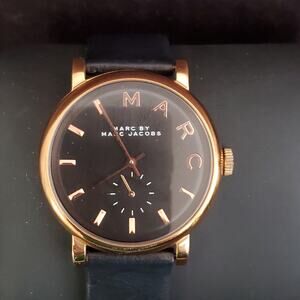 Marc Jacobs Women's Baker Watch‎ Rose Gold Black Leather Band MBM8633 37mm